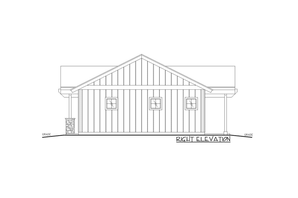 Right elevation drawing of a house plan showing vertical siding, three windows, a gable roof, and a stone-clad porch support.