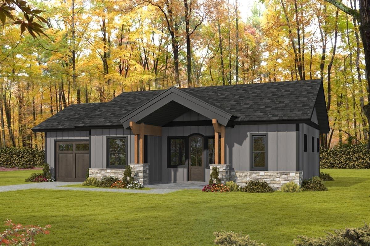 House plan exterior with Craftsman style, single story, and a gable roof. Features include a front porch, wood-look posts, and a garage.
