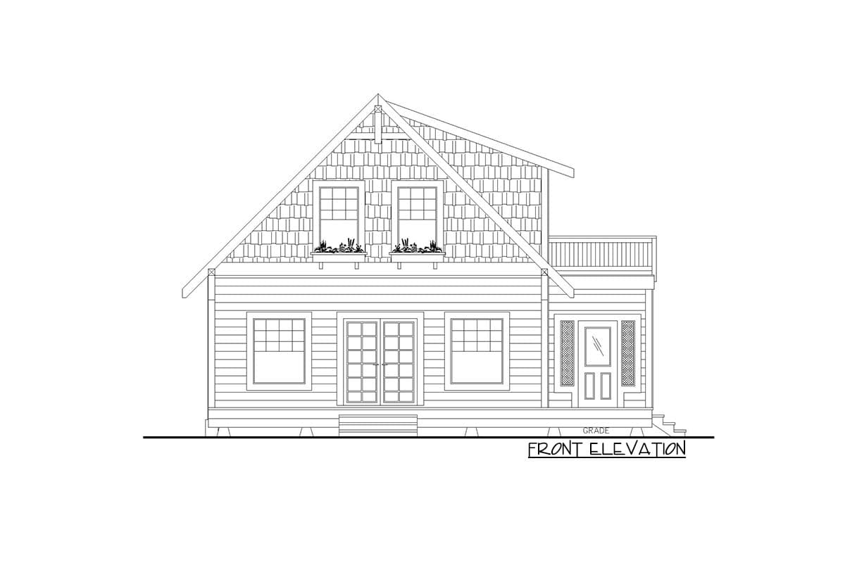 Front elevation drawing of a two-story house plan with a prominent gable, double front doors, and a covered porch.