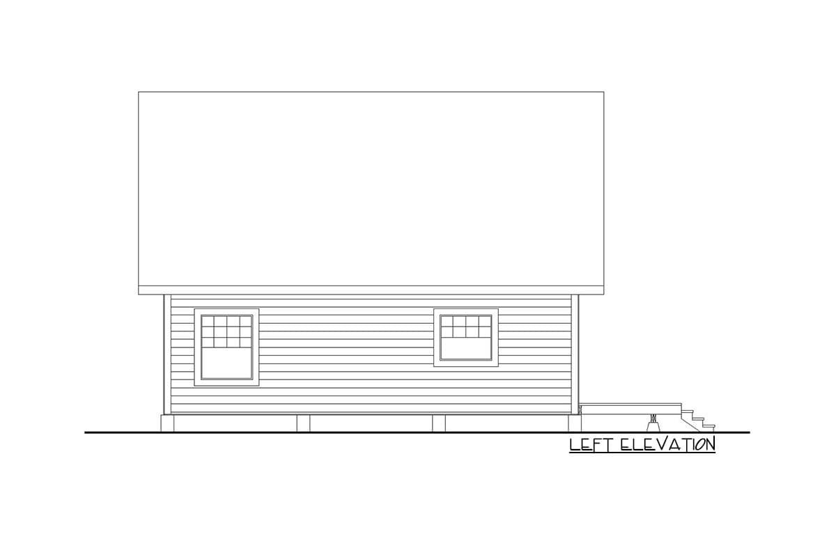 Left elevation of a house plan featuring horizontal siding, two windows, and a small porch with stairs.