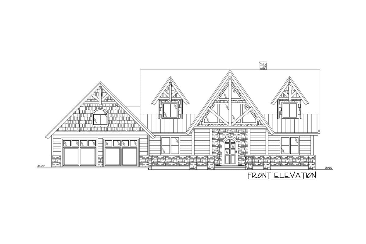 Front elevation drawing of a two-story house with a three-car garage, stone accents, dormers, and arched window.