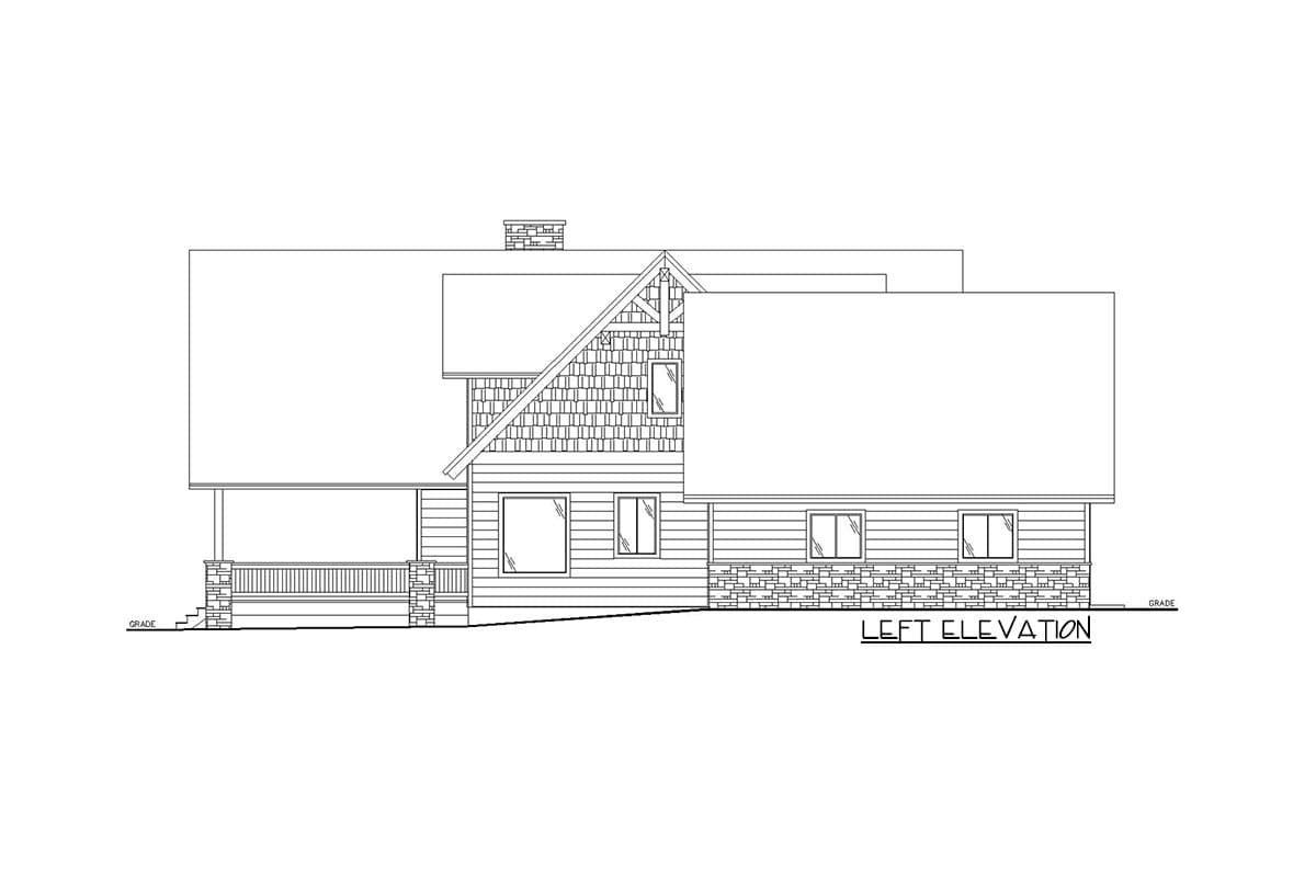 Left elevation drawing of a house plan featuring a covered porch, prominent gable with decorative siding, and stone foundation.