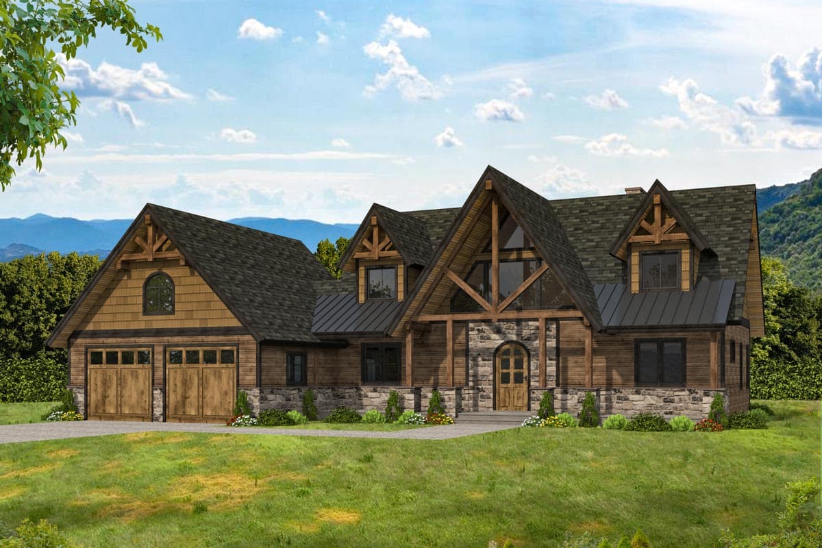 House plan exterior. Two-story rustic home with a gable roof, timber accents, stone facade, and a two-car garage.