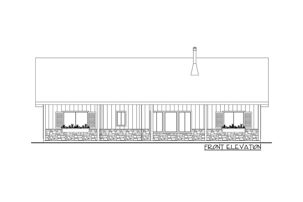 Front elevation drawing of a single-story house with a pitched roof, covered porch, and stone base.