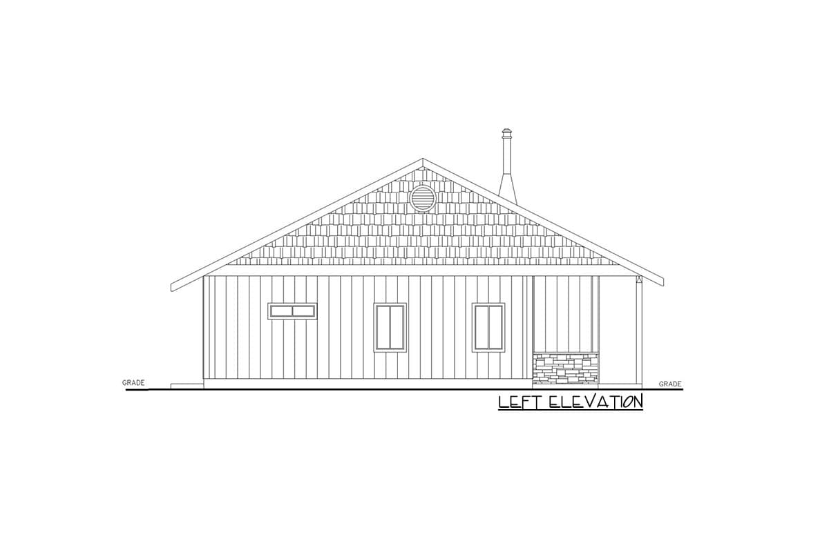 Left elevation drawing of a house plan featuring a gable roof with decorative shingles, siding, multiple windows, and a stone-accented porch.