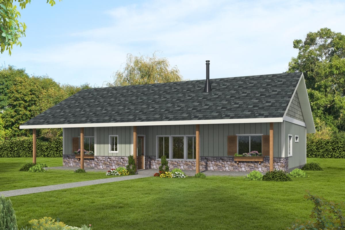 House plan exterior. Ranch-style home with a single story, front porch supported by columns, stone veneer, and a gabled roofline.