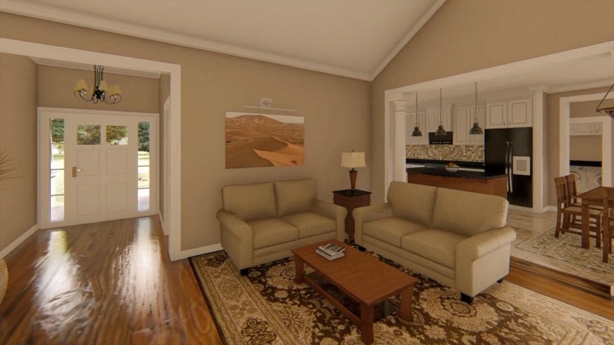 House plan interior view showing living area with vaulted ceiling, open to kitchen with island, dining area, and front entryway.