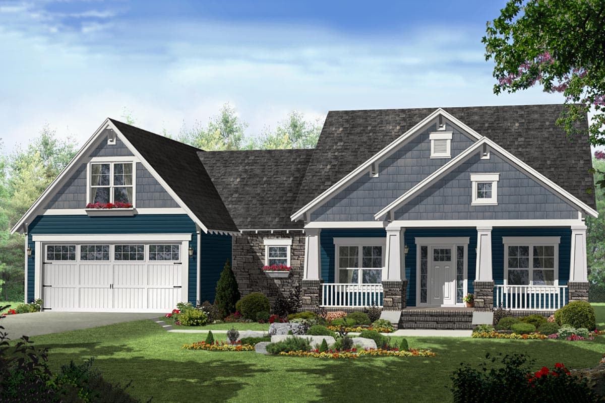House plan exterior. Craftsman style, single-story home with gabled roof, front porch, and garage with dormer window.