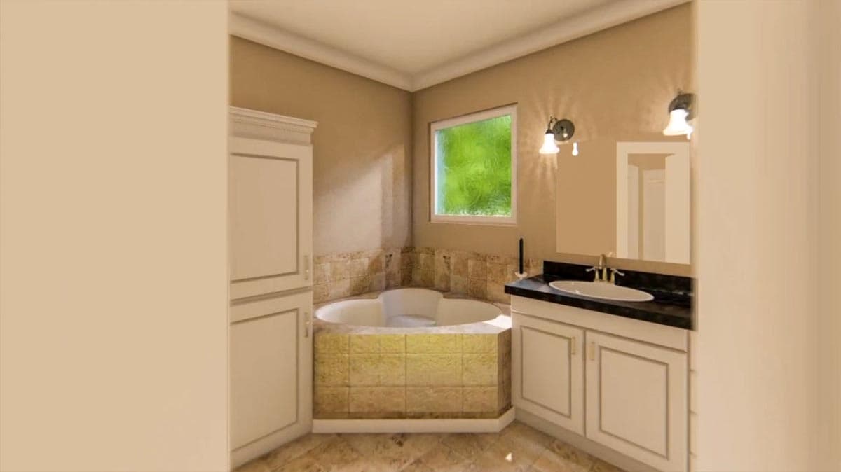 Bathroom rendering with corner soaking tub, single vanity with black countertop, and tall linen cabinet.
