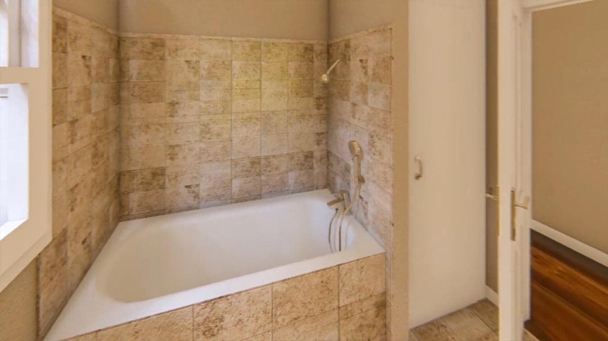 Bathroom interior rendering with a tiled bathtub surround, shower head, and a closet door.