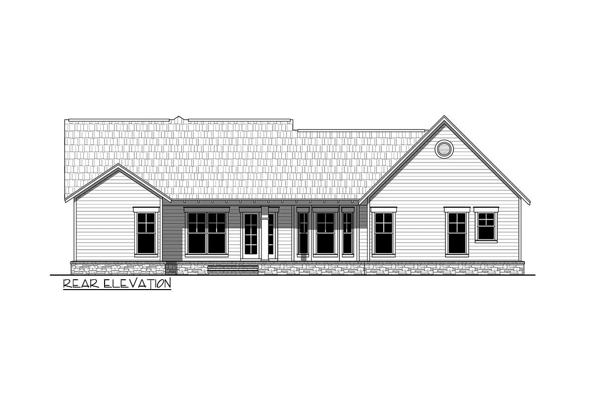 Rear elevation drawing of a single-story house plan with a gable roof, visible porch, and multiple windows.