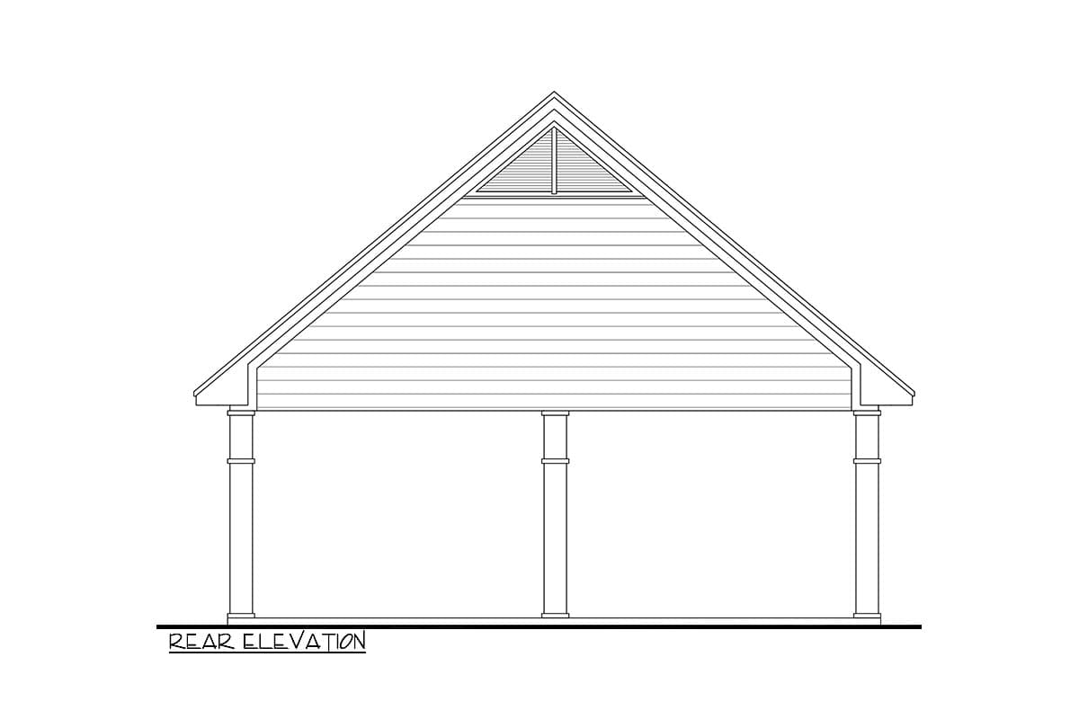 Rear elevation drawing of a house plan featuring a gable roof with a vented peak and two supporting columns.