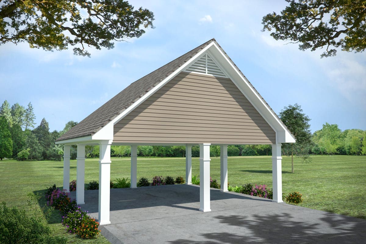 House plan exterior with a gable roof, supported by white columns. Features include a light-colored wood siding and a concrete slab floor.