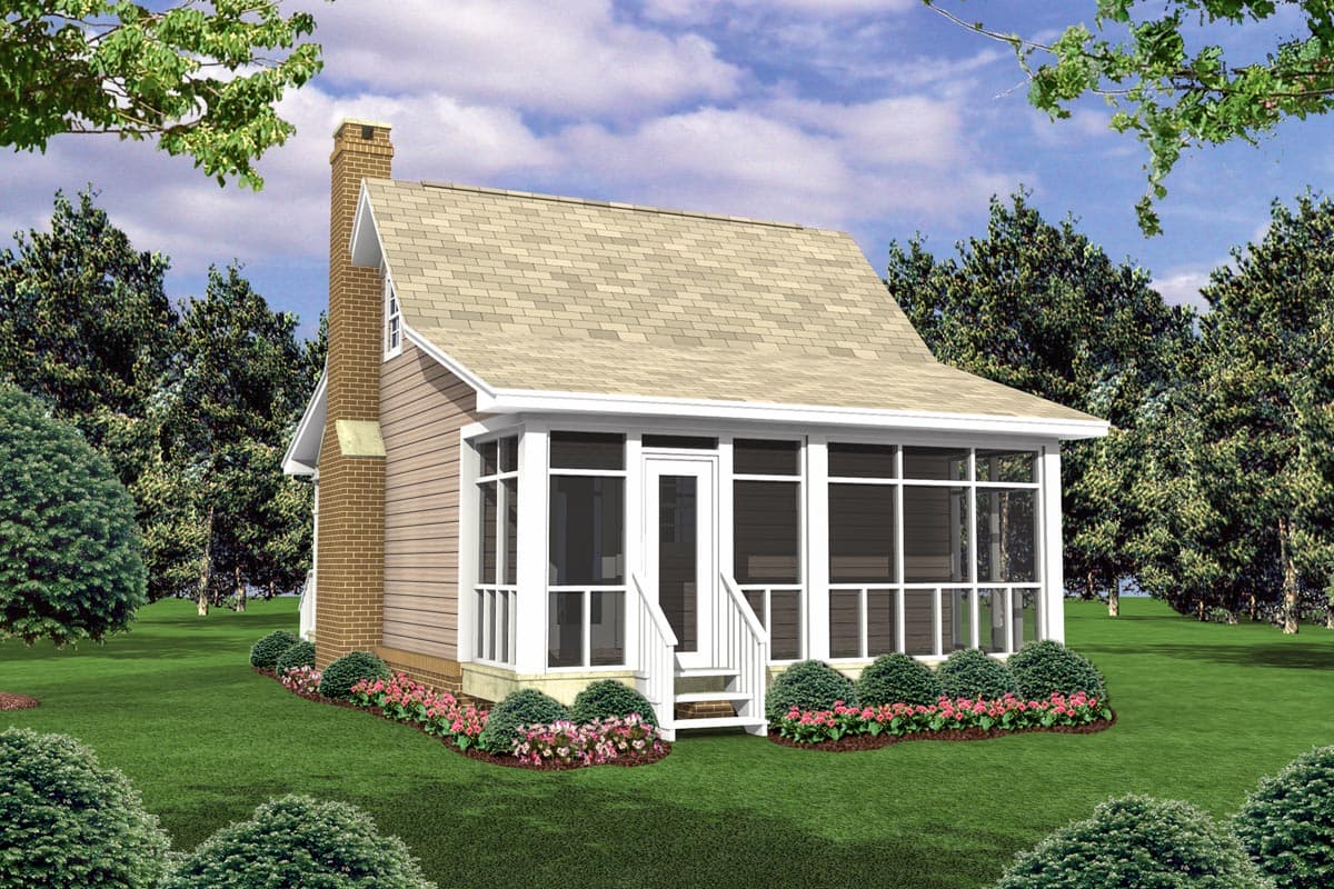 House plan exterior: Small cottage with gable roof, brick chimney, and large screened porch with white trim.