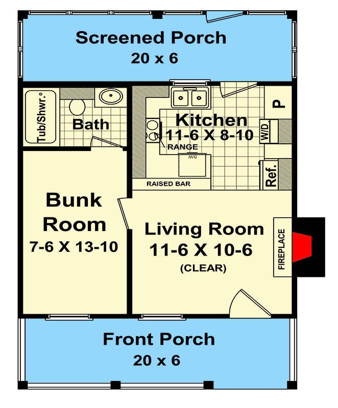 Plan 51211MM: 400 Square Foot Cabin with Bunk Room and Fireplace - Floor Plan - Main Level - Cottage, Country, Traditional