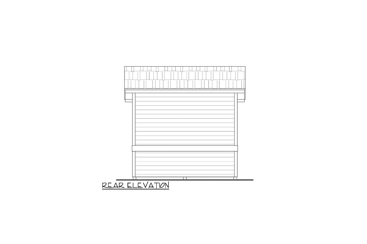 Rear elevation drawing of a house plan, showing horizontal siding and a shingle roof.