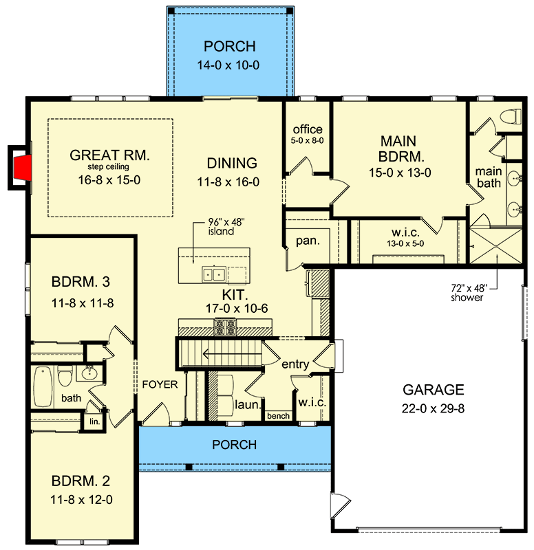 Plan 790155GLV: 1871 Square Foot New American House Plan with  - Floor Plan - Main Level - Craftsman, New American, Ranch