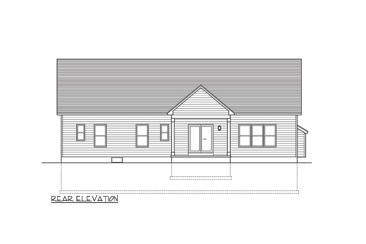 Rear elevation drawing of a one-story house plan with a gable and a covered entry with double doors.