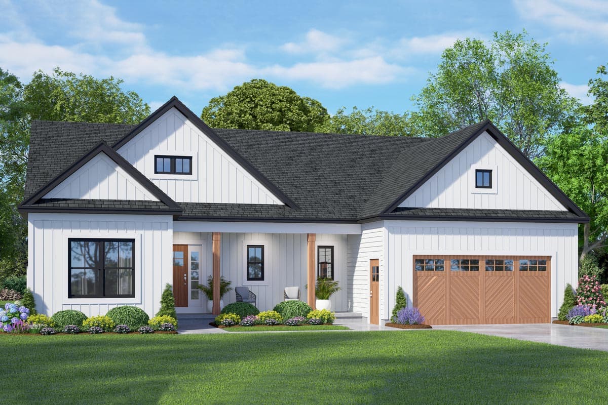House plan exterior. Modern Farmhouse style with gabled roof, covered porch, and attached garage. Features include board and batten siding.