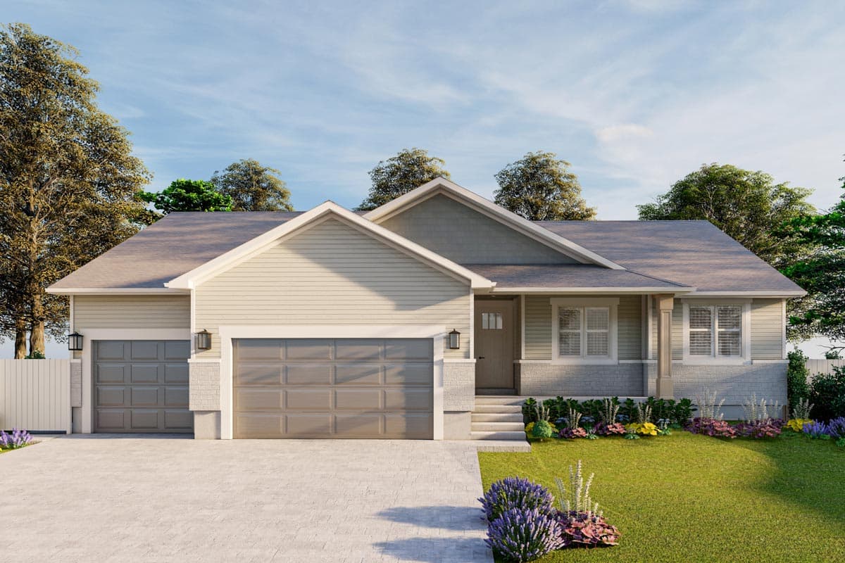 House plan exterior with two-car garage, gable roof, and covered porch. The house has a two-tone exterior with decorative stone and siding.
