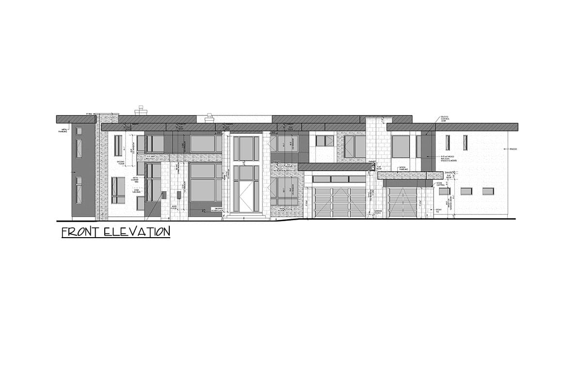 Front elevation drawing of a modern two-story house with multiple windows, flat roofs, and attached garages.