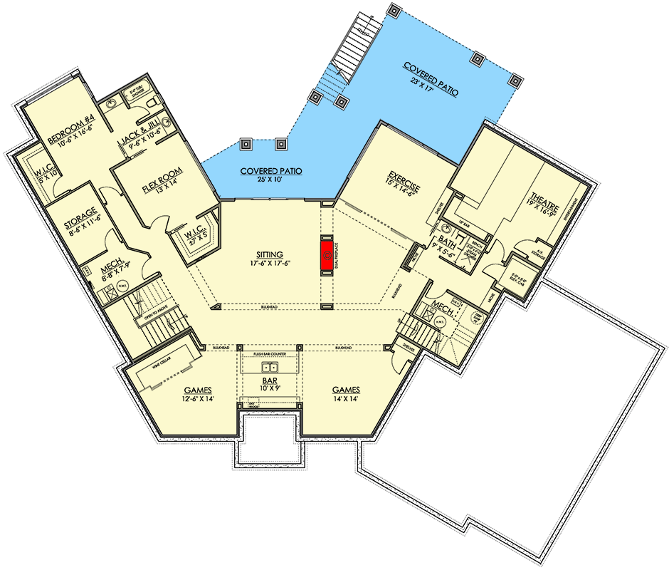 Plan 81820AB: Luxury Modern House Plan Over 7000 Square Feet with Two Angled Sections - Floor Plan - Lower Level - Mid Century Modern, Modern, Northwest