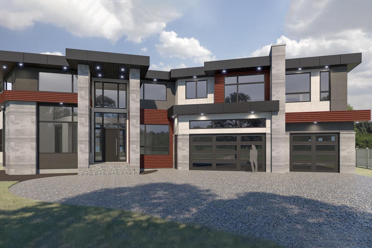 House plan exterior. Two-story modern style with flat roof, horizontal siding accents, and glass garage doors. Features large windows and entry.