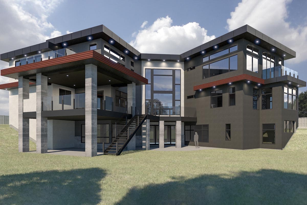 Modern multi-story house plan exterior with cantilevered levels, glass railings, substantial concrete columns, and large windows.