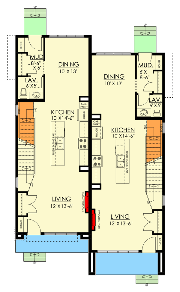 Plan 81821AB: Modern Duplex with Offset Units Under 1500 Square Feet with 3 Beds Plus Lower Level Expansion - Floor Plan - Main Level - Contemporary, Modern, New American