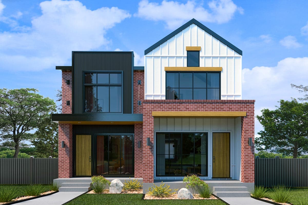 House plan exterior with modern farmhouse style. Two-story house with gabled roof, brick facade, and covered porch area.