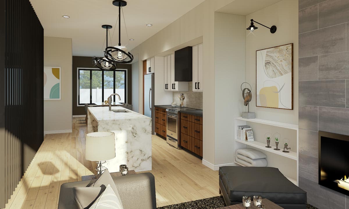 Modern kitchen and living area rendering with marble island, fireplace, and large windows.