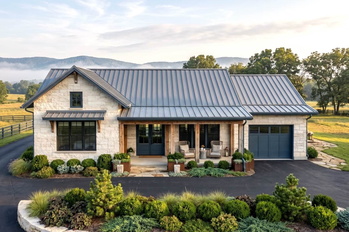 House plan exterior with stone veneer facade, metal roof, covered porch, and attached garage. Includes gable roof with small dormer.