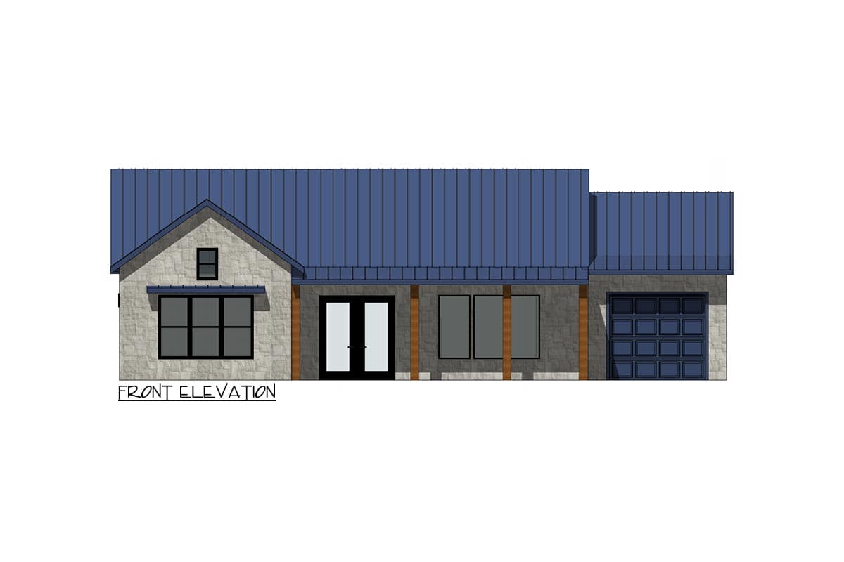 Front elevation drawing of a single-story house with stone exterior, metal roof, large windows, double entry doors, and attached garage.