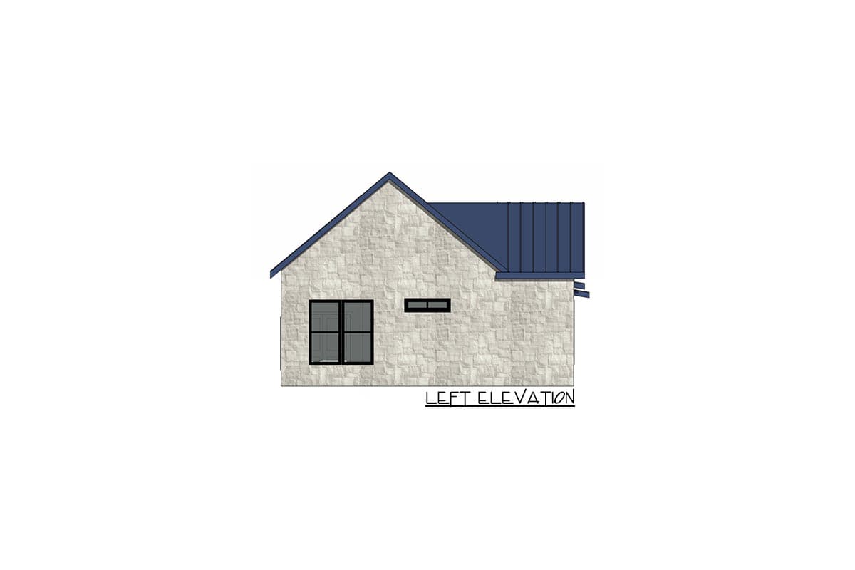 Left elevation of a house plan with stone exterior, metal roof, and two windows.