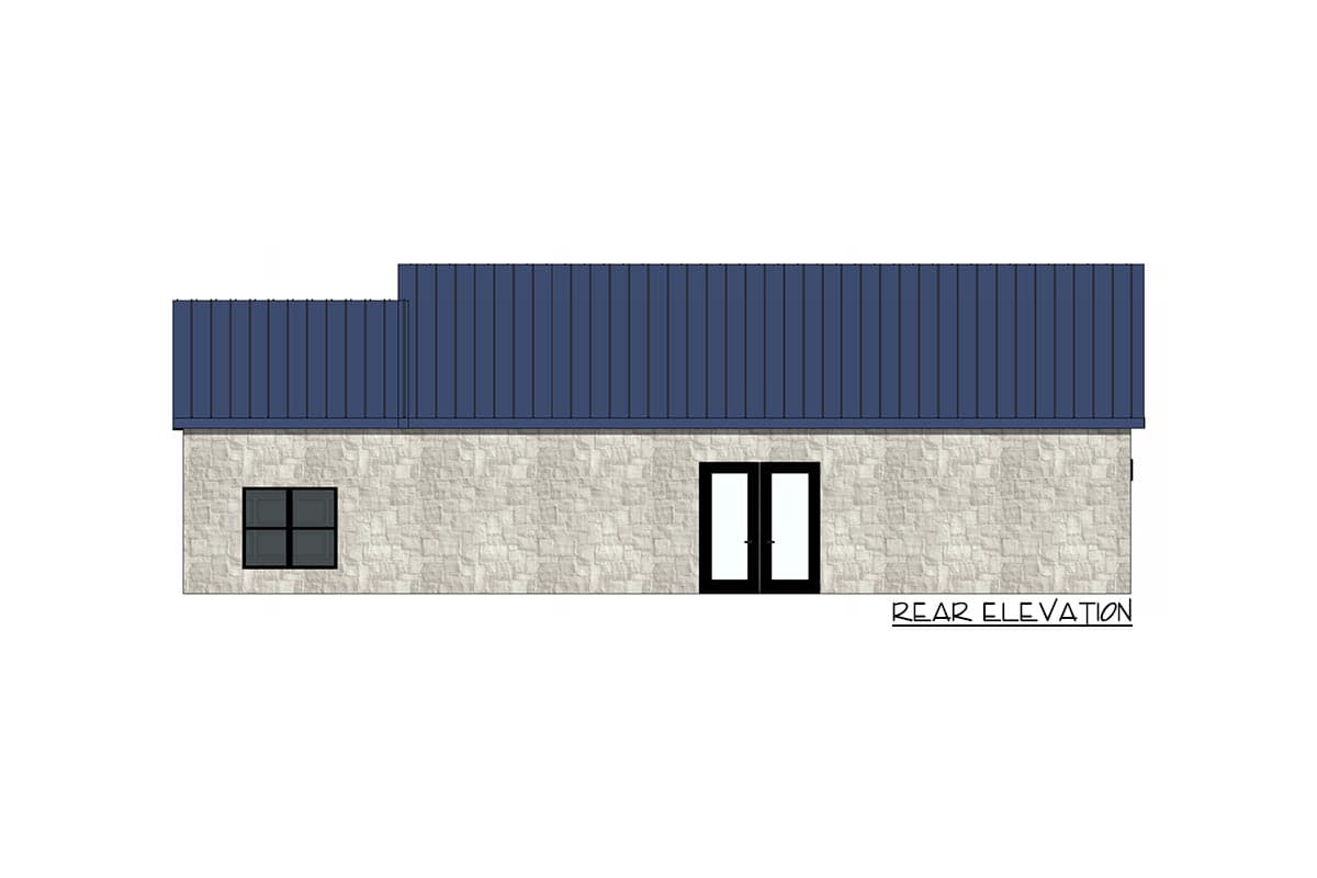 Rear elevation of house plan featuring stone siding, double doors, and a stepped metal roof.