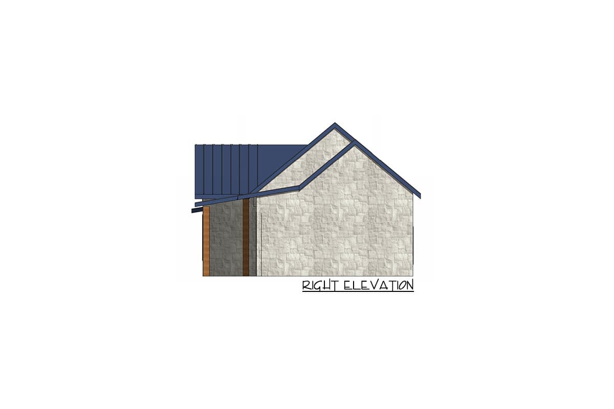 Right elevation drawing of a house with stone exterior, metal roof, and gabled roofline.