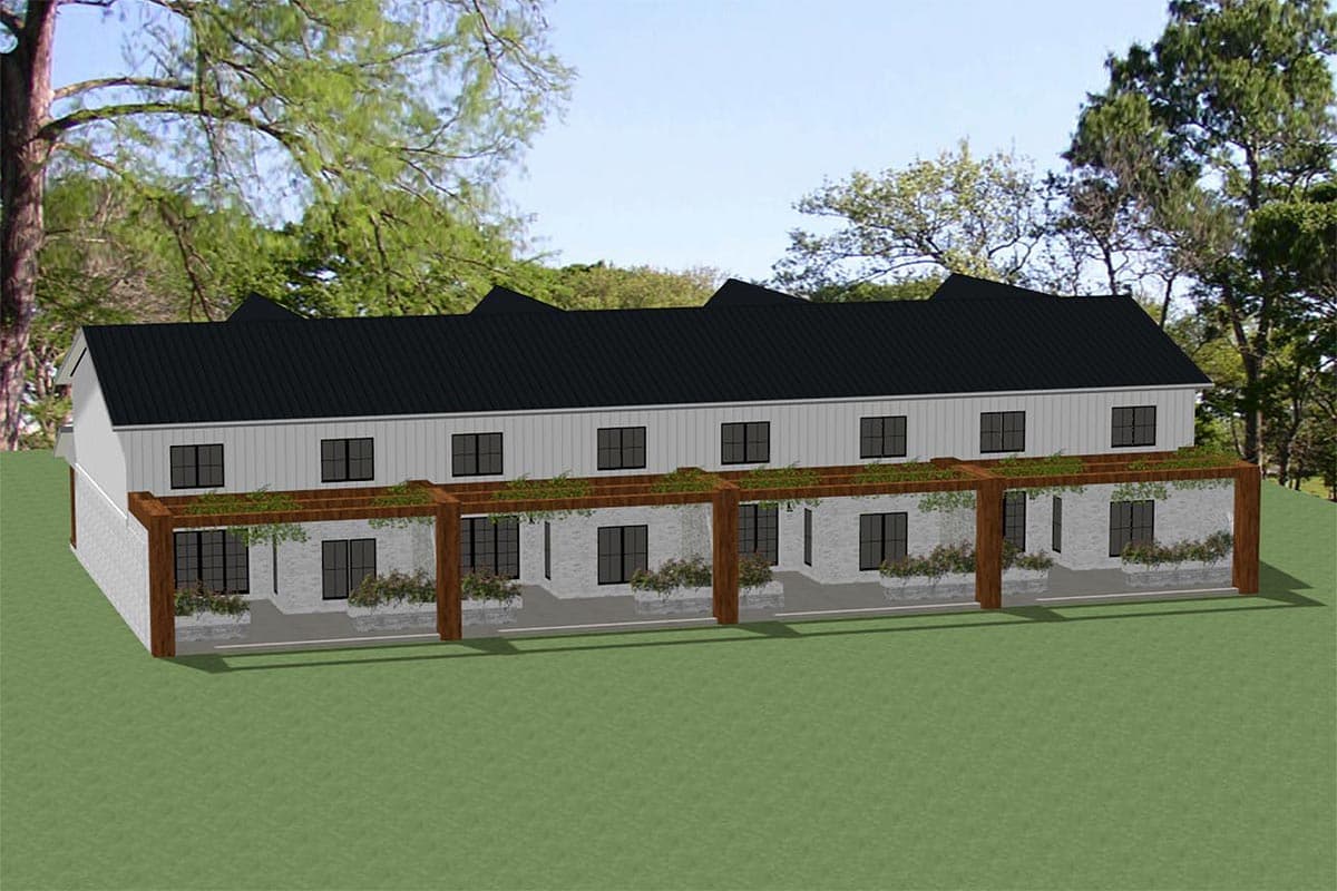 House plan exterior: Two-story Modern Farmhouse with gable dormers, white siding, stone base, and a long pergola across the front.
