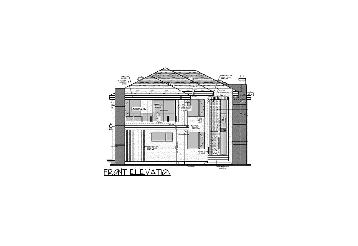 Front elevation drawing of a house plan showing a multi-story structure with prominent chimneys, balconies, and varied window styles.