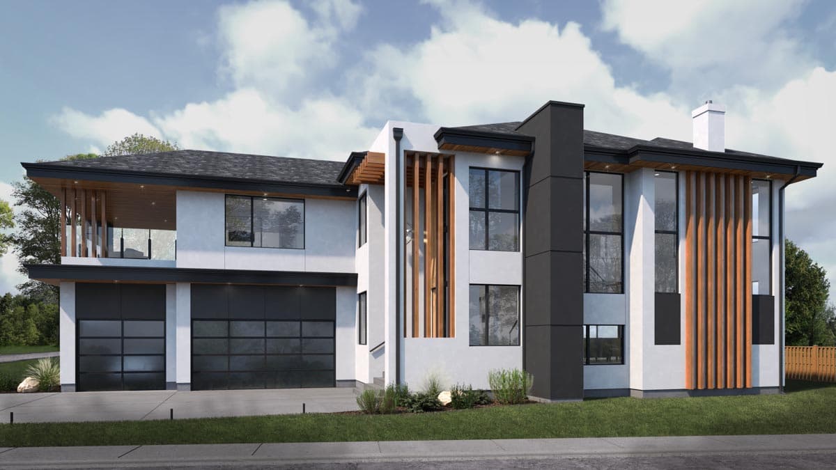 Modern two-story house plan exterior with a prominent vertical wood slat facade, extensive glazing, and a dual garage.