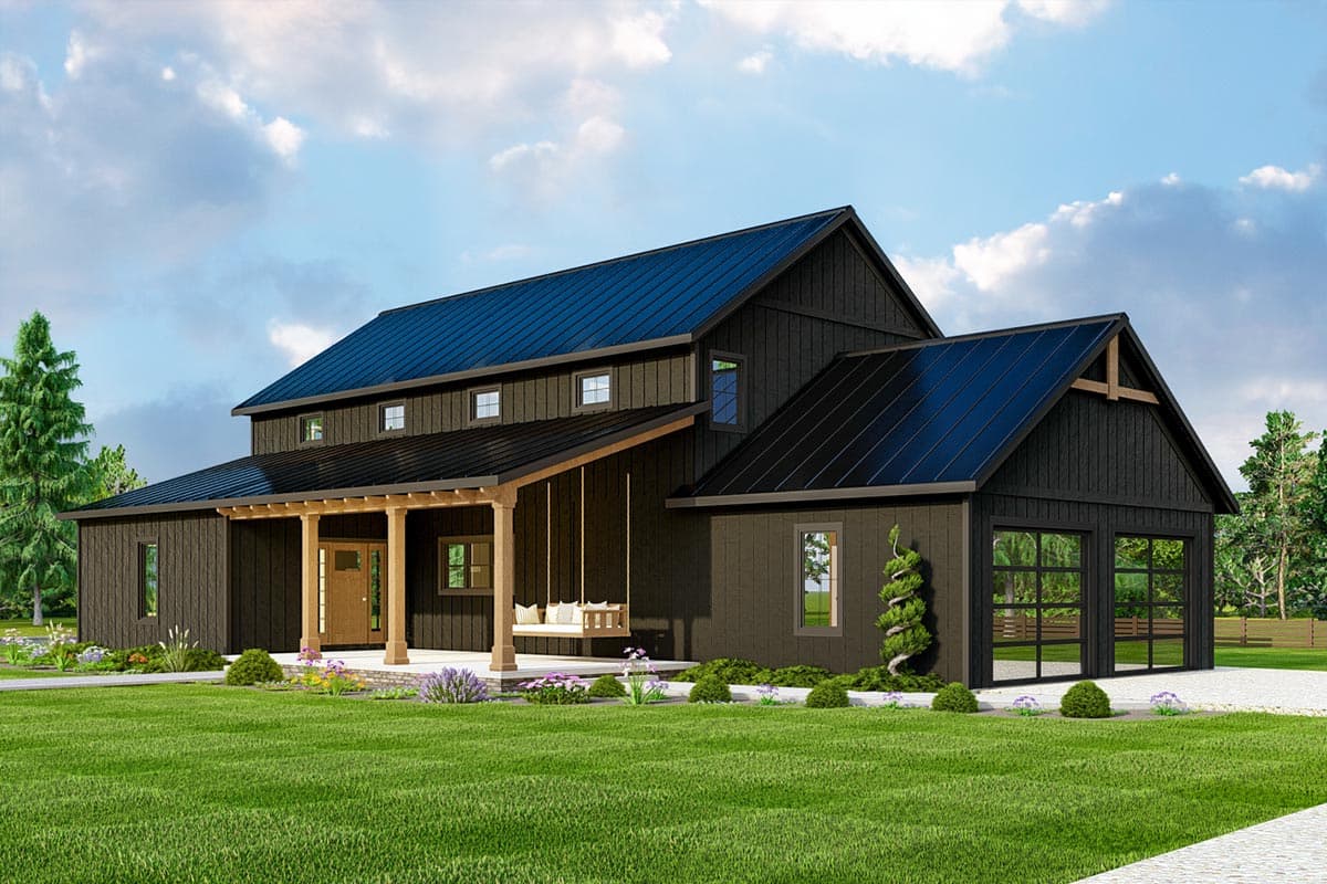 Modern Farmhouse house plan exterior with covered porch, wood columns, metal roof, and attached garage with glass doors.