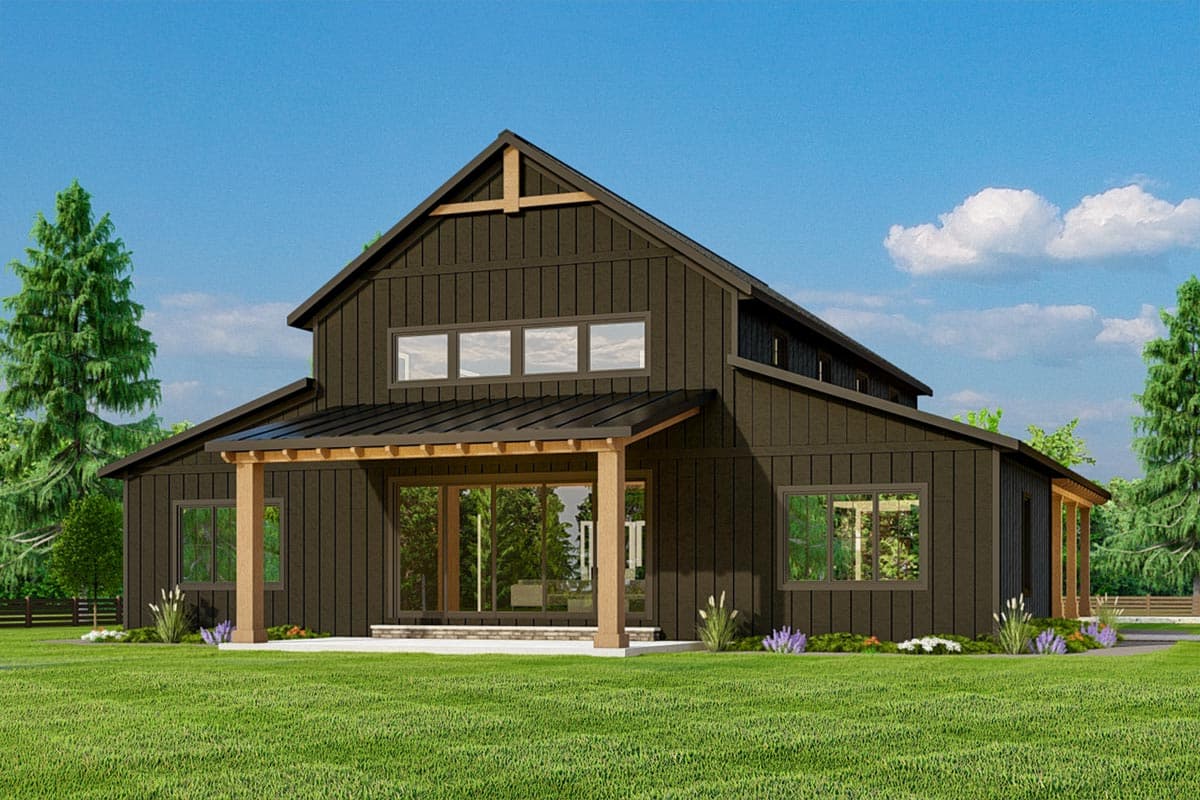House plan exterior. Modern farmhouse style with two stories, gabled roof, covered porch, and horizontal siding. Features clerestory windows.