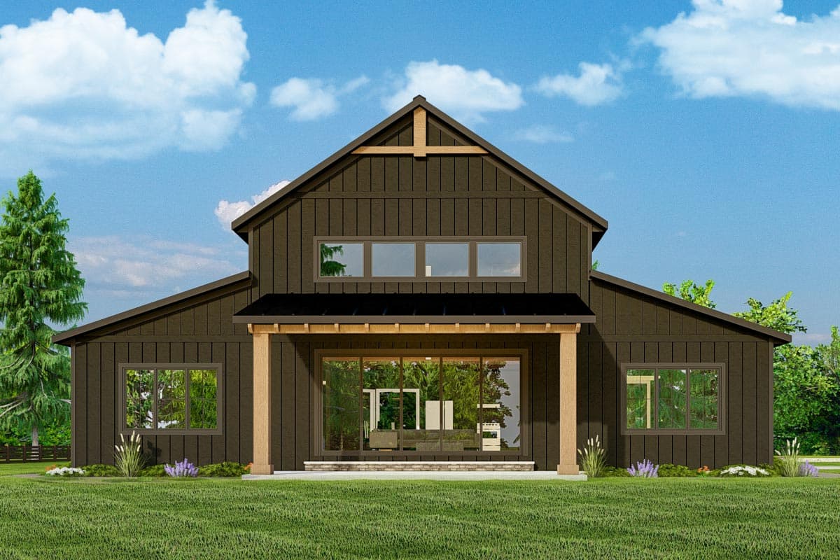 Modern Farmhouse house plan exterior with board-and-batten siding, gable roof, covered porch, and large windows.