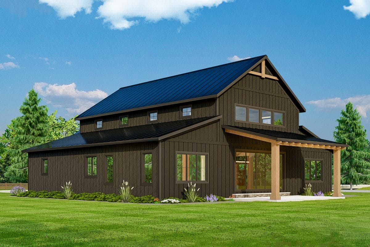 House plan exterior: Modern barn style, two stories, dark vertical siding, dark metal roof, covered patio with timber posts.