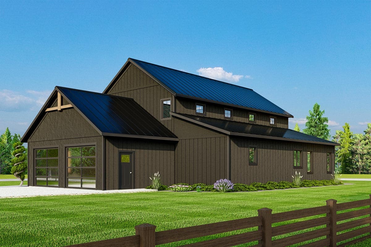 Modern Farmhouse house plan exterior with a dark-stained board and batten siding, metal roof, and two glass garage doors.