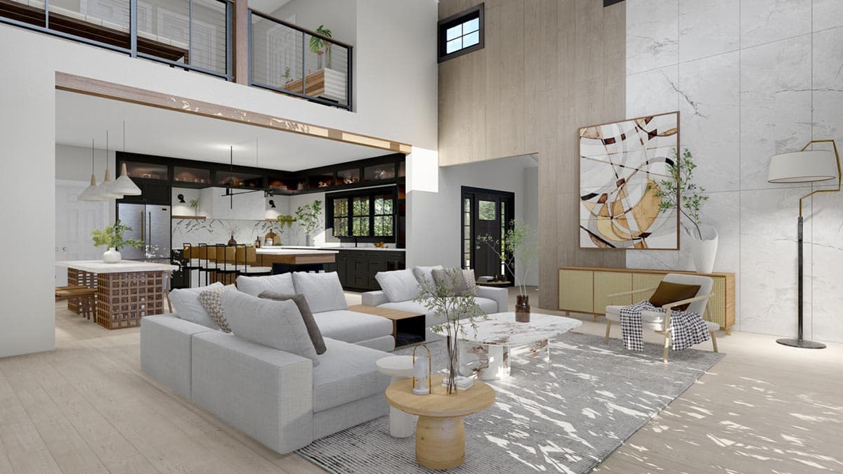 Open-concept living area with vaulted ceiling, loft, kitchen with island, and modern seating arrangement.
