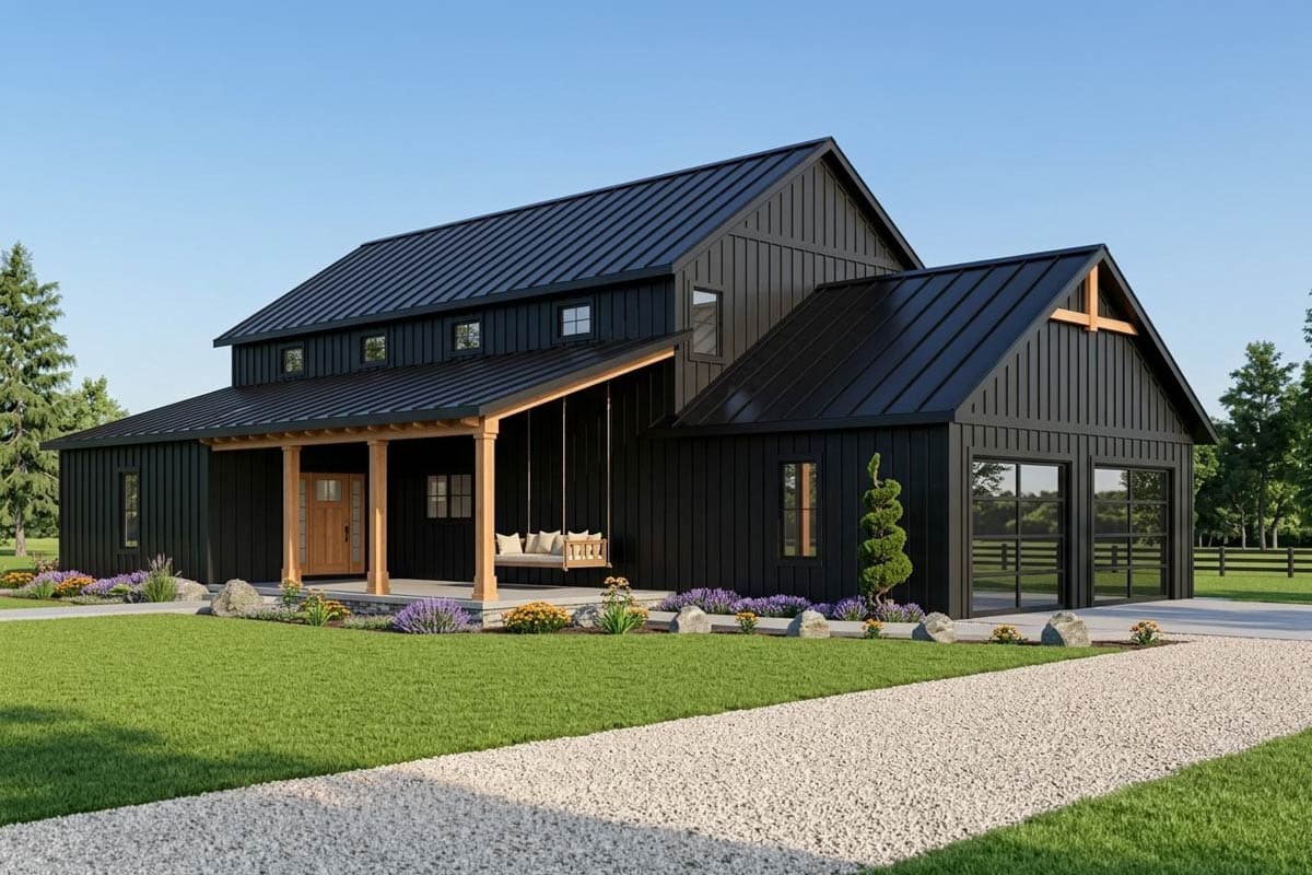 House plan exterior. Modern farmhouse style with two stories, gabled roof, covered porch, and horizontal siding. Features clerestory windows.