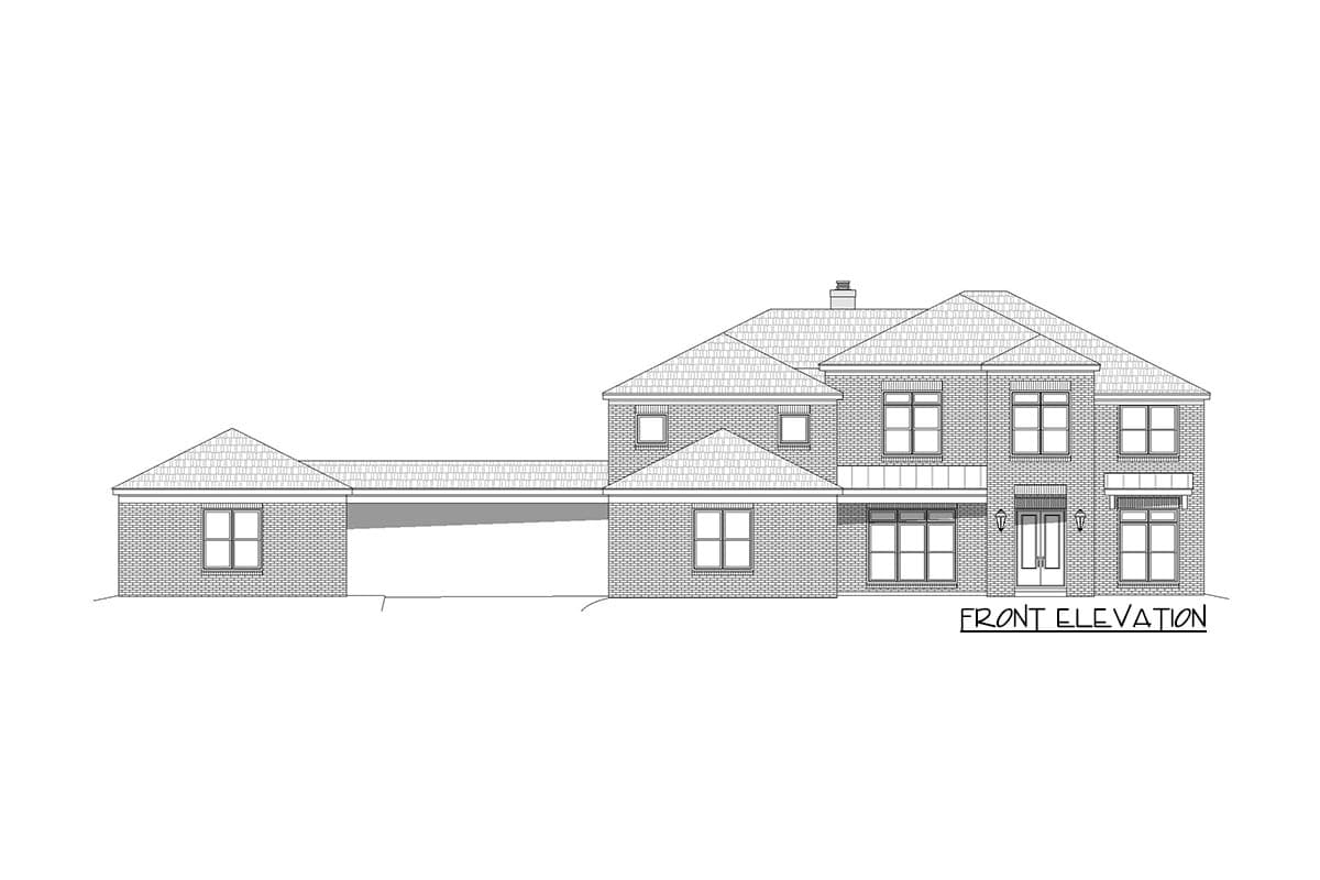 Front elevation drawing of a two-story brick house with attached carport, multiple gables, and prominent windows.