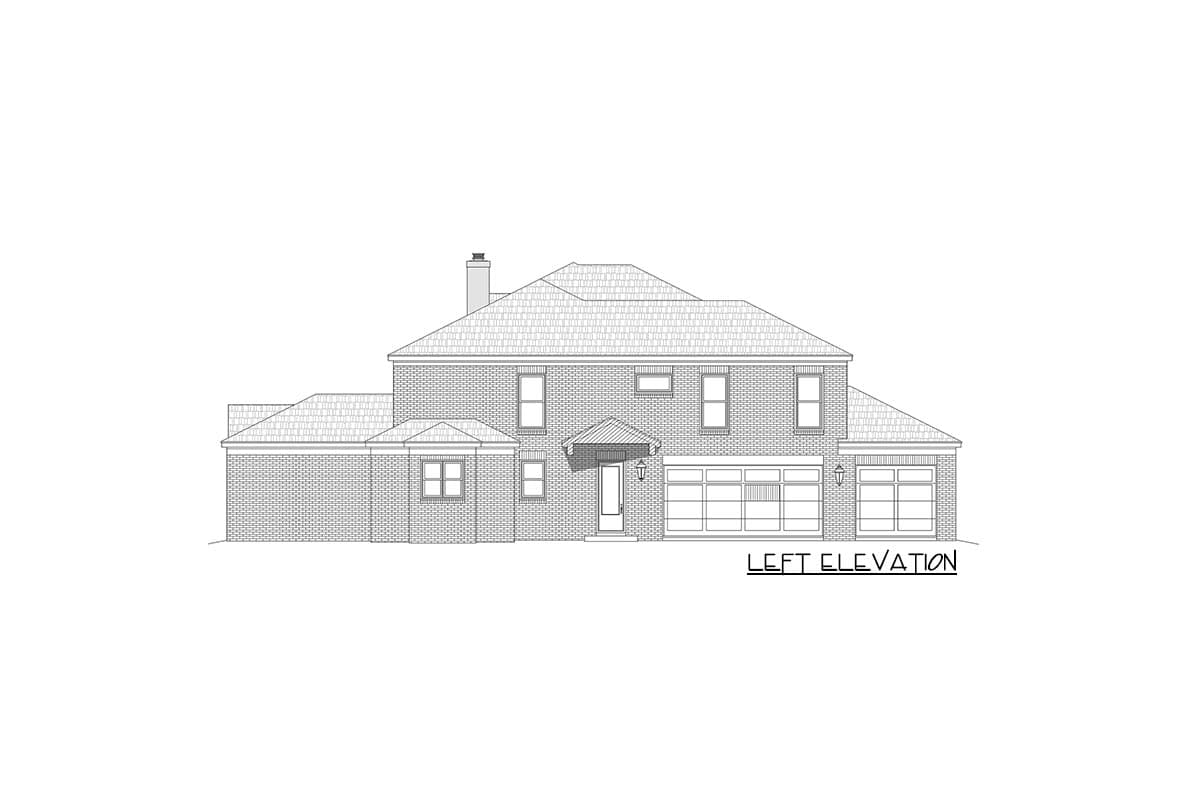 Left elevation drawing of a two-story brick house with a covered entryway, multiple gables, and a three-car garage.
