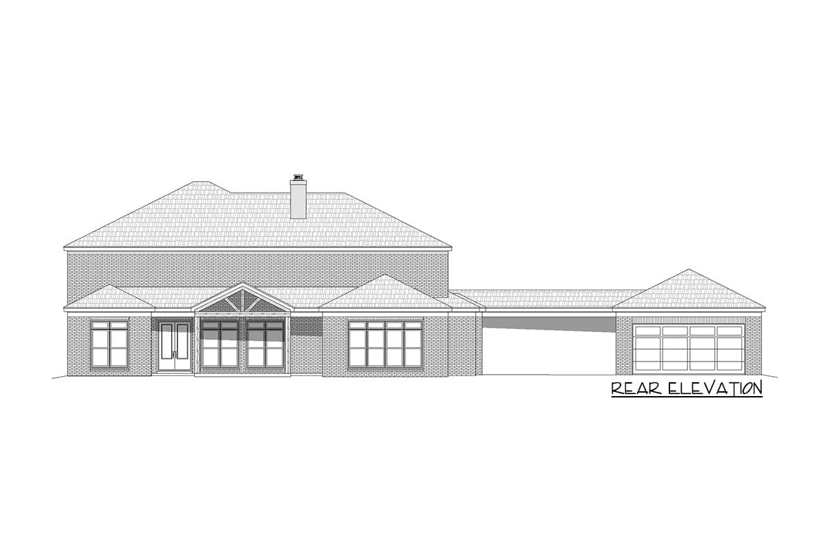 Rear elevation house plan drawing showing a two-story brick home with a covered porch, multiple windows, and an attached three-car garage.