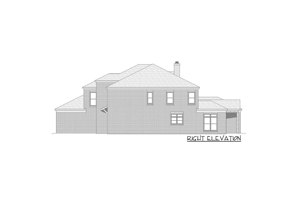 Right elevation house plan drawing showing two stories, brick exterior, various window styles, roof gables, and a chimney.